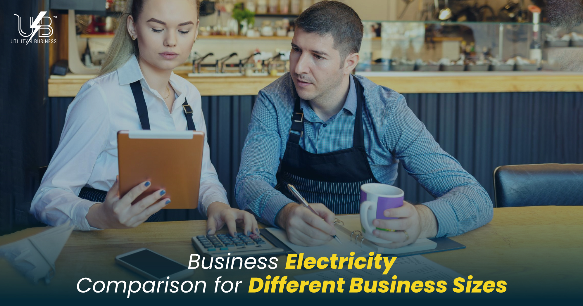 Business electricity comparison for different business sizes, café owners reviewing energy quotes to save on UK commercial electricity costs.